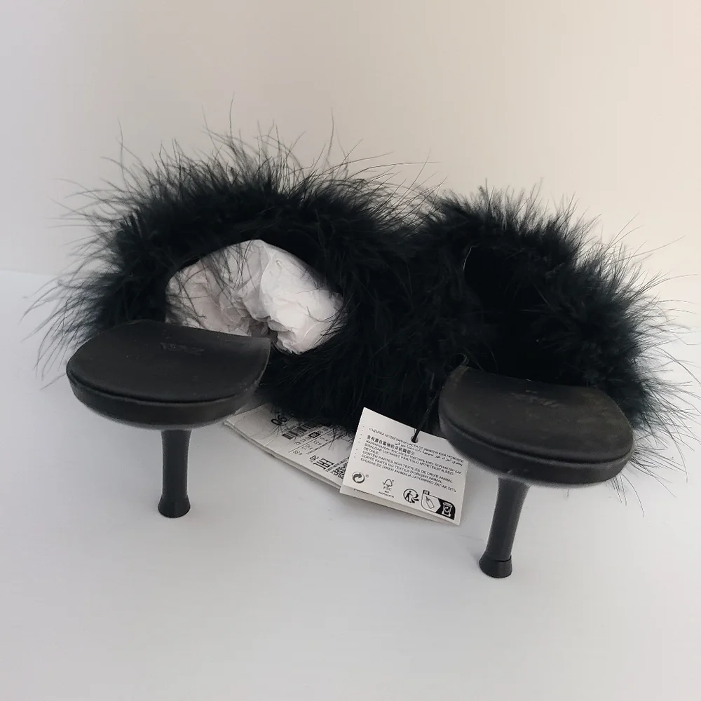 ZARA HEELED MULES WITH FEATHERS Black SIZE  | 1302/110/800